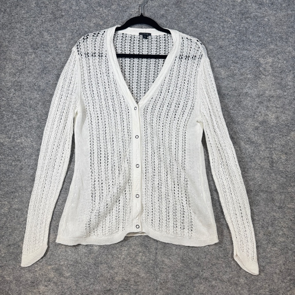 Lafayette 148 Hemp White Open Knit Cardigan Size XL Button Front Sweater Chic - Picture 3 of 15